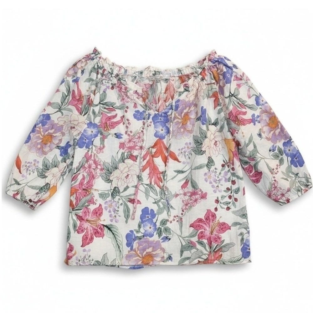 Hester & Orchard Floral Linen Blend 3/4 Sleeve Off Shoulder Boho Top Womens M